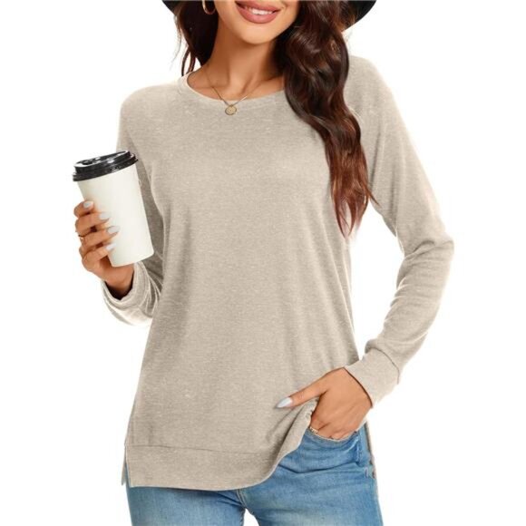 Women’s Long Sleeve Side Split Tunic Top - Loose Crewneck Sweater - Picture 1 of 6